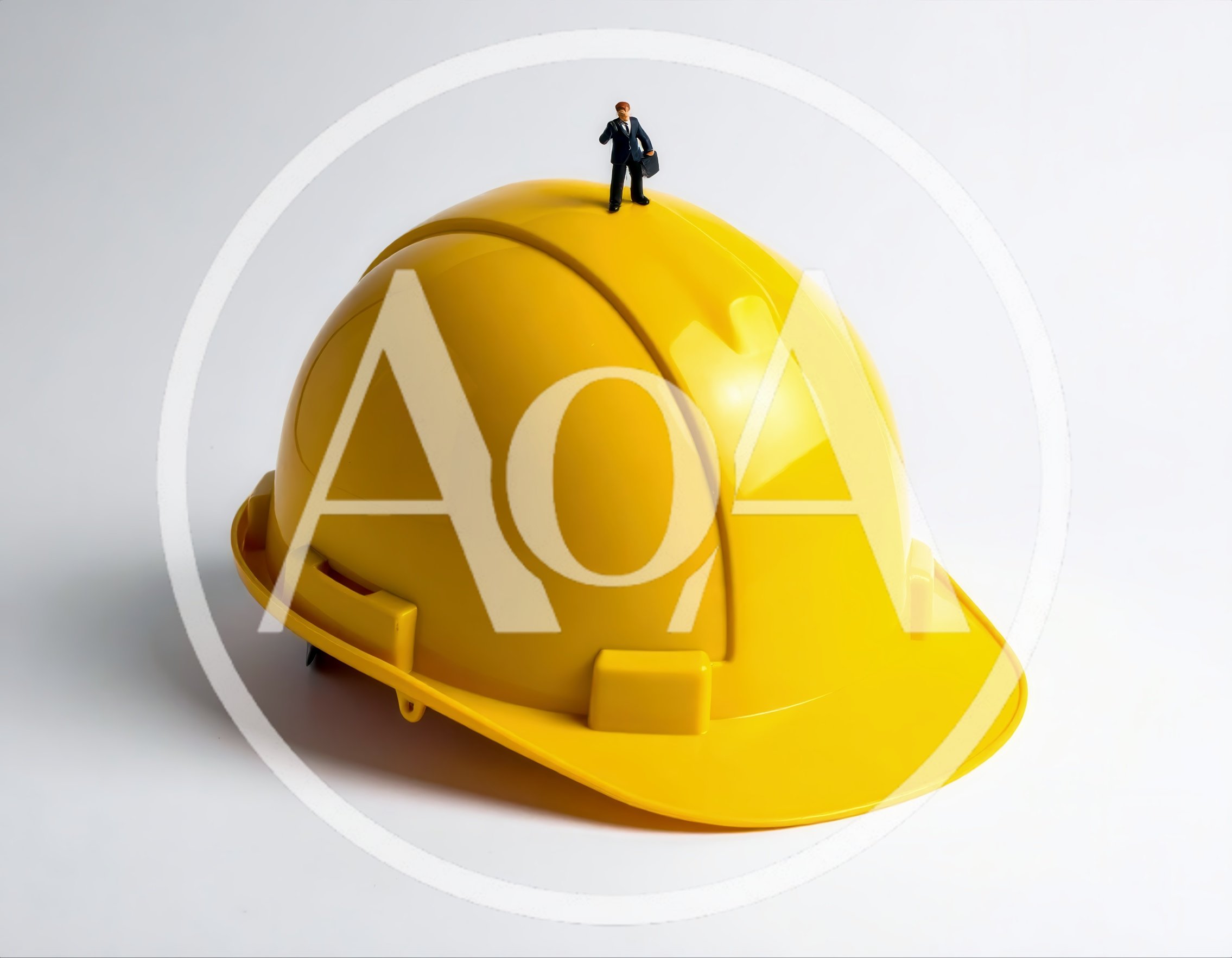 Miniature Businessman Standing On A Yellow Hard Hat