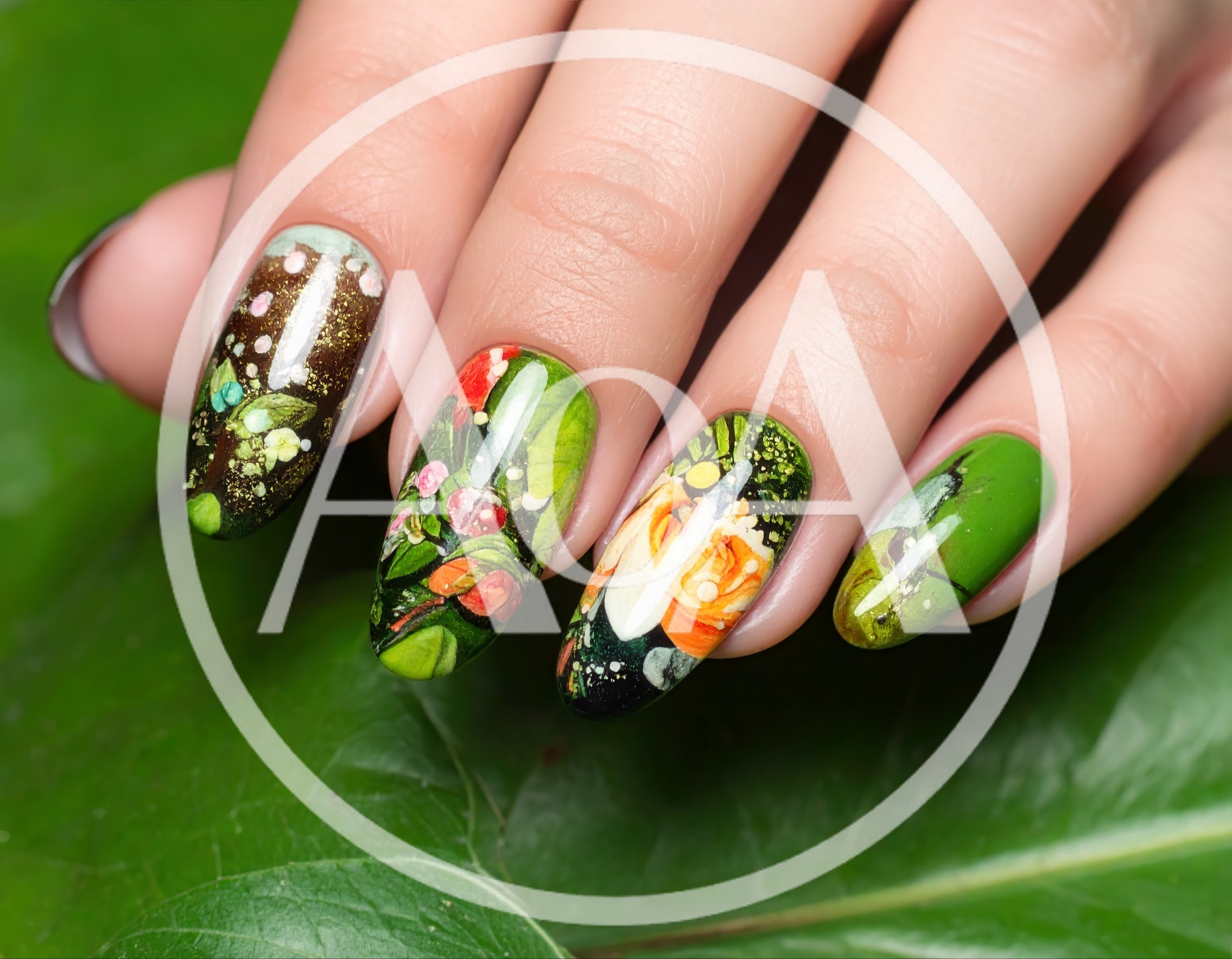 Close Up Of Artistic Floral Nail Art Design