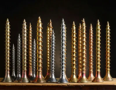 Assorted Metal Screws Standing Upright On Wooden Surface