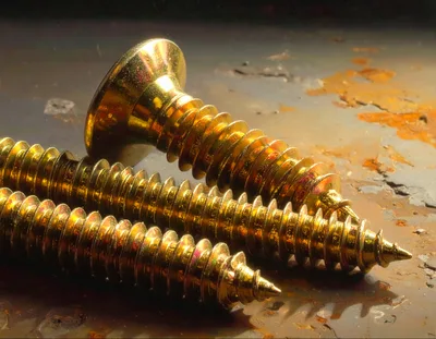 Three Golden Screws Resting On A Rusty Metal Surface