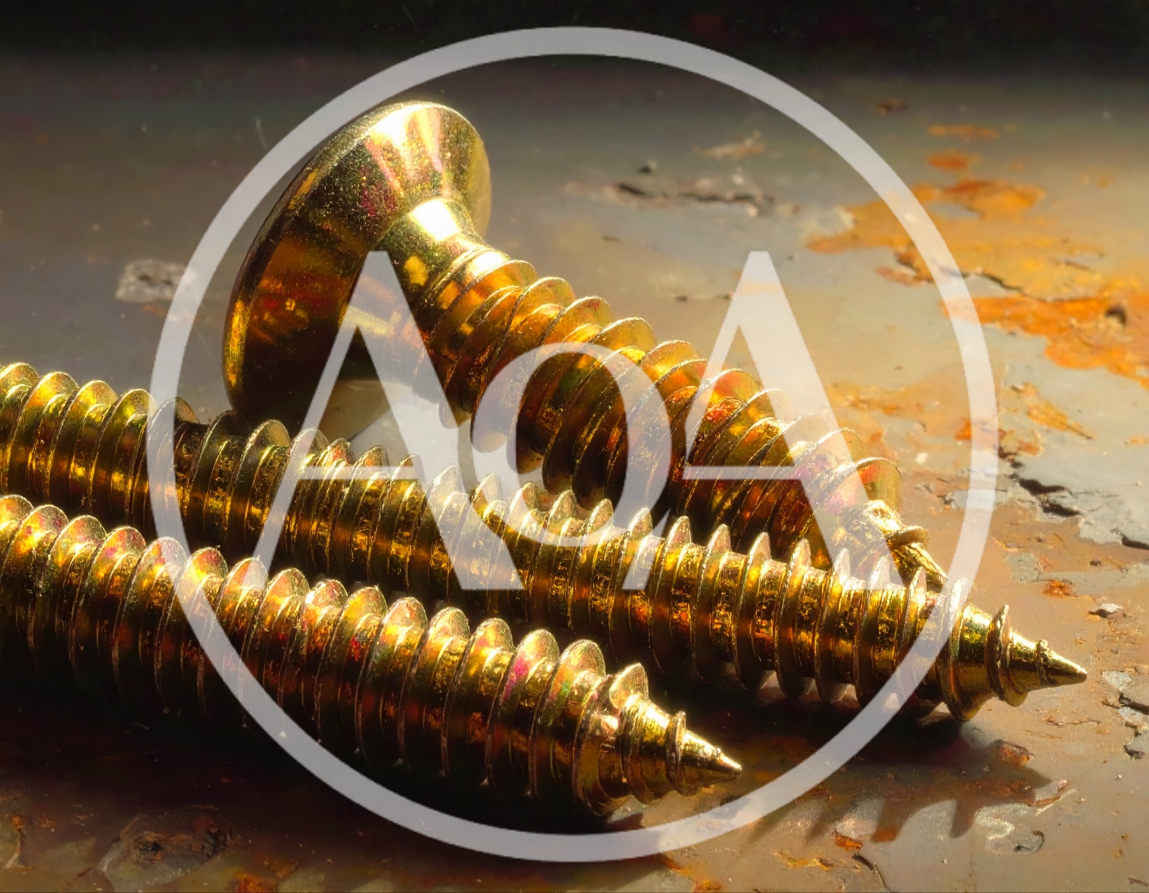 Three Golden Screws Resting On A Rusty Metal Surface