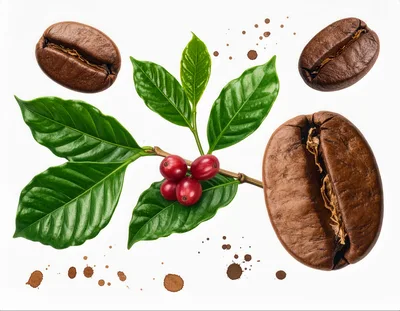 Coffee Beans and Fresh Coffee Cherries on Branch