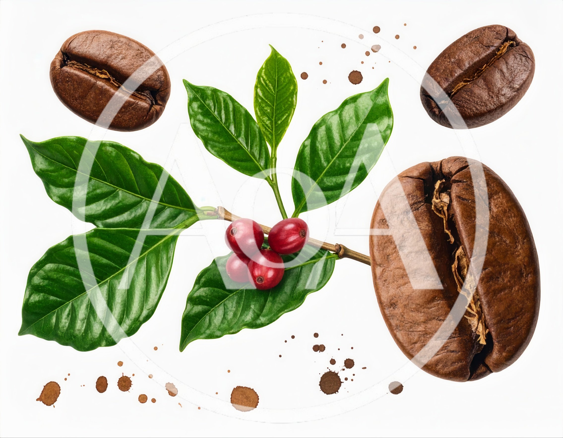 Coffee Beans and Fresh Coffee Cherries on Branch