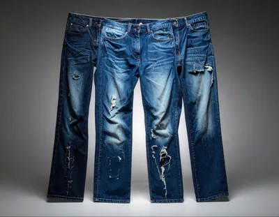 Three Pairs Of Distressed Blue Denim Jeans Hanging