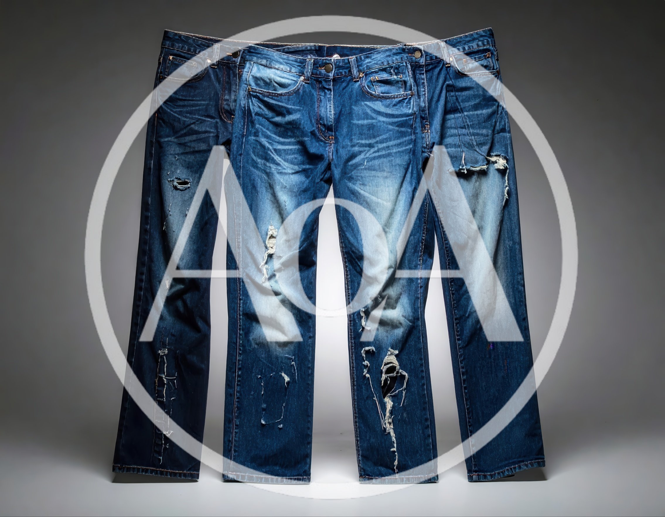 Three Pairs Of Distressed Blue Denim Jeans Hanging