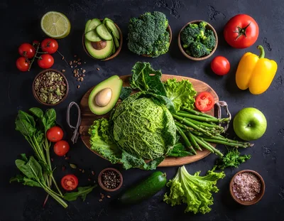 Fresh Vegetables and Healthy Ingredients on Dark Background