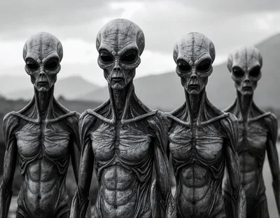 Four Grey Aliens Standing In A Row
