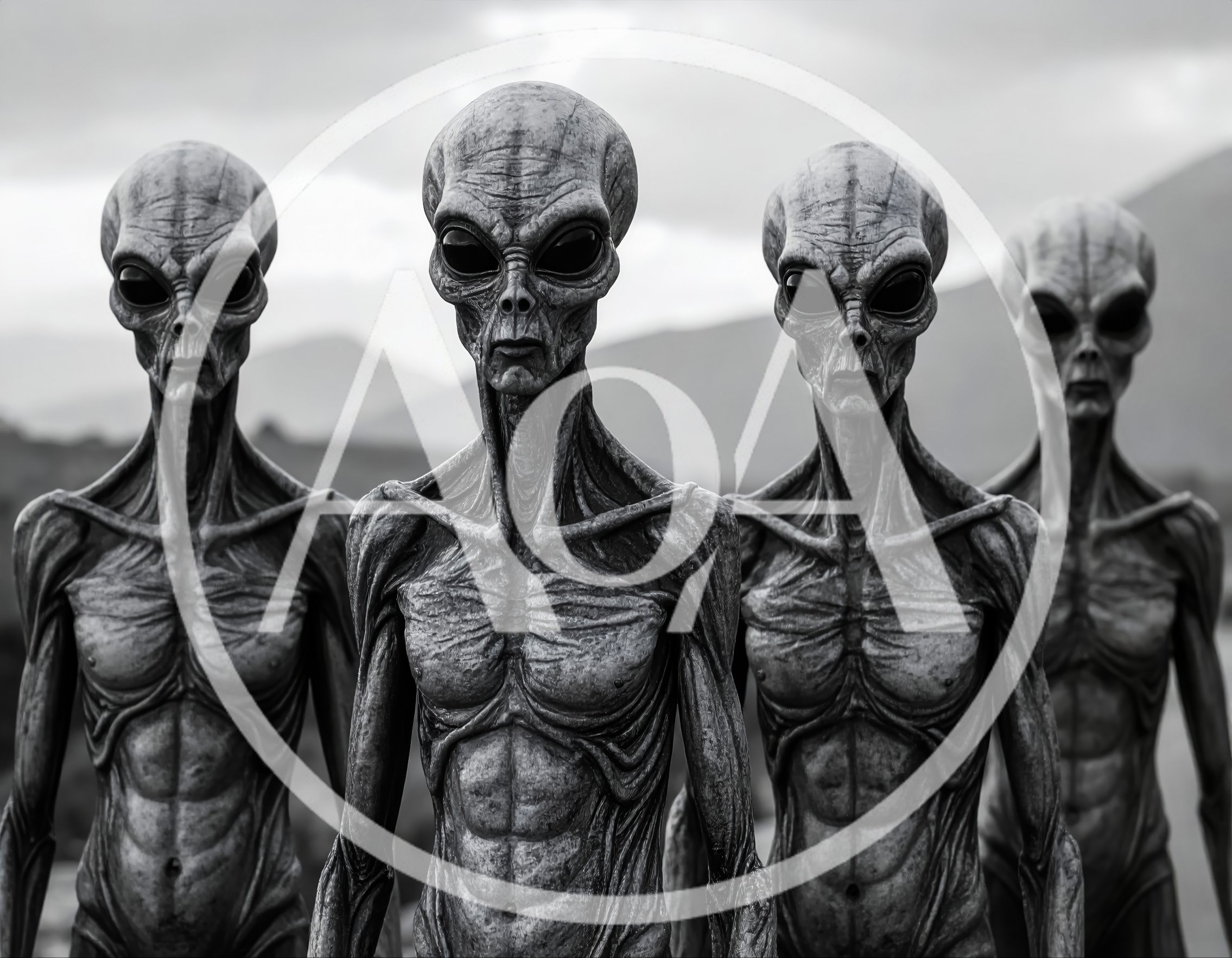 Four Grey Aliens Standing In A Row