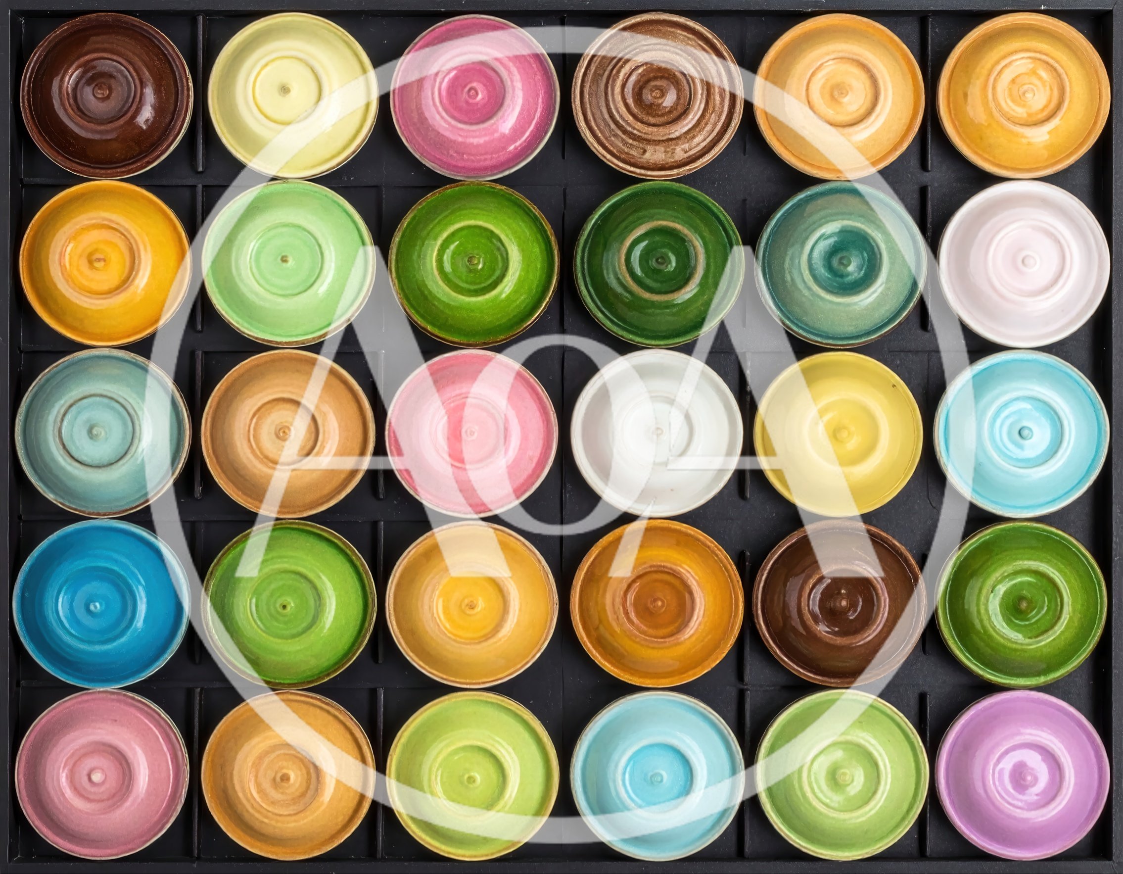 Top View Of Colorful Ceramic Tea Bowls In A Tray