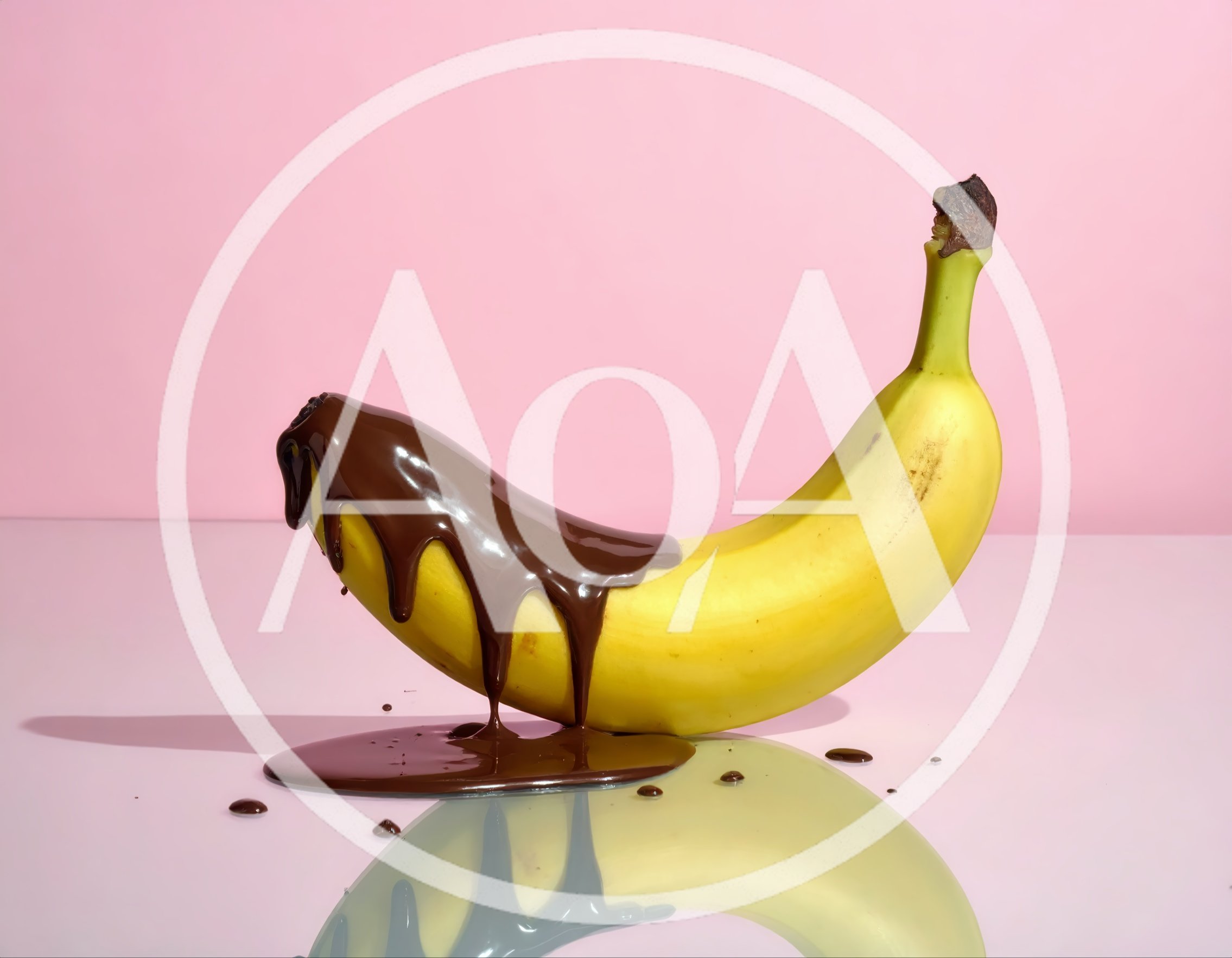 Banana Covered In Melting Chocolate On Pink Background