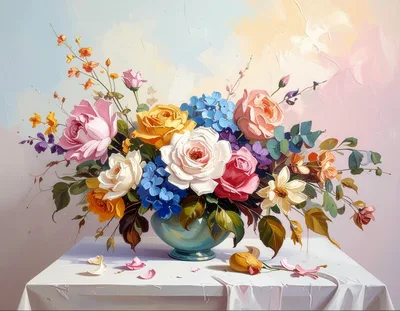 Oil Painting Of A Vibrant Floral Bouquet In A Vase