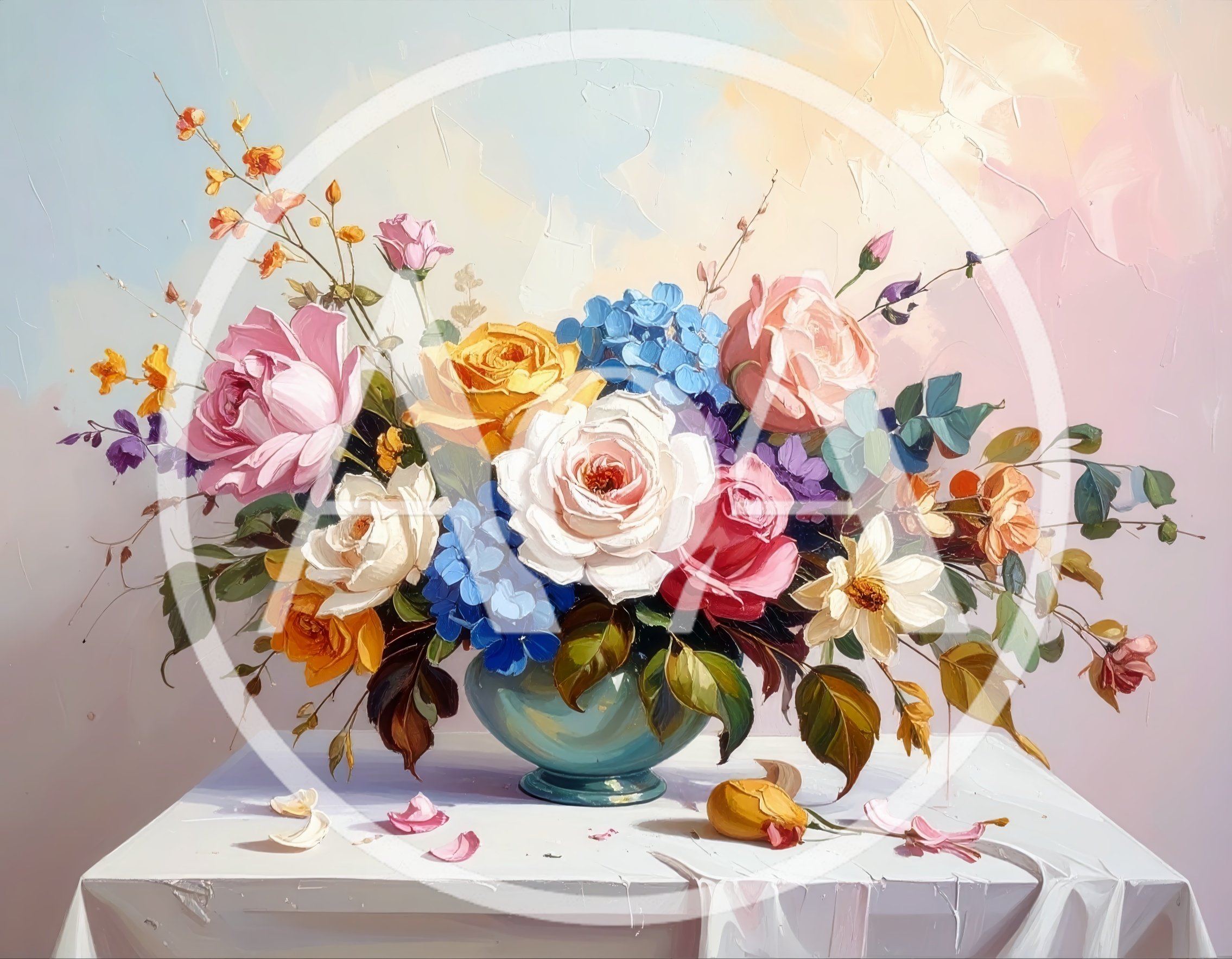 Oil Painting Of A Vibrant Floral Bouquet In A Vase