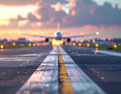 Commercial Airplane Landing on Runway at Sunset