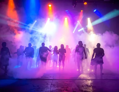 Silhouetted Crowd Dancing In A Foggy Nightclub