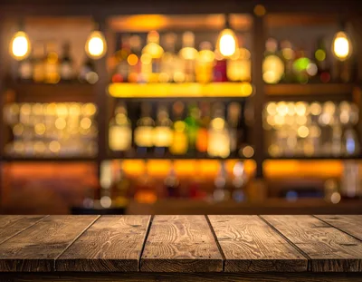 Empty Wooden Bar Counter With Blurred Background