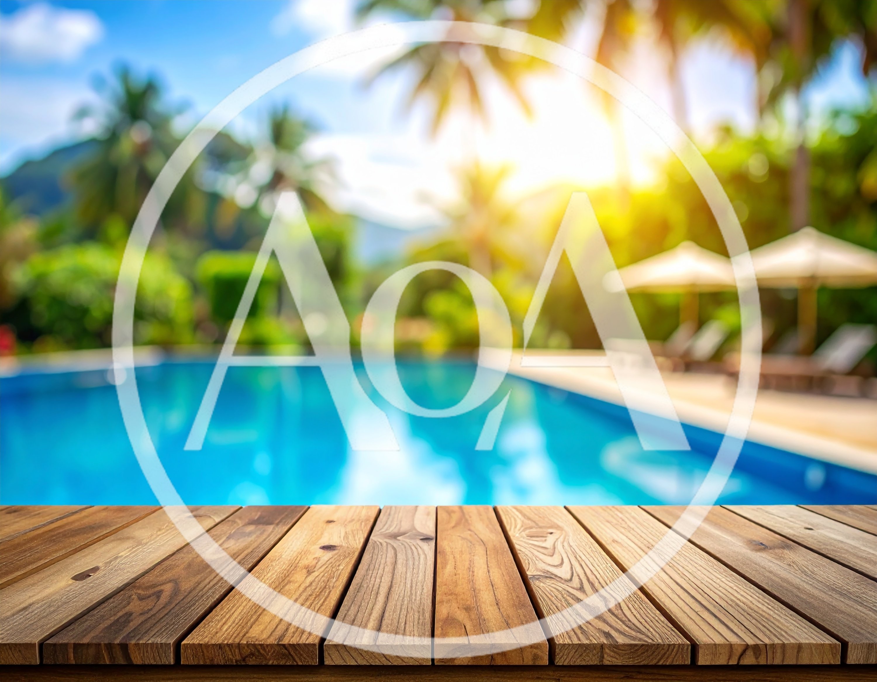 Wooden Table Surface Overlooking Tropical Resort Swimming Pool
