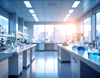 Modern Laboratory Interior With Glassware And Blue Liquid