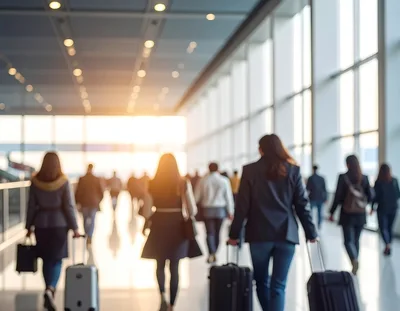 Commuters Walking Through A Bright Modern Airport Terminal