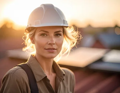 Female Construction Worker Wearing Hard Hat At Sunset