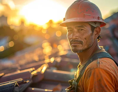 Construction Worker Wearing Hard Hat At Sunset