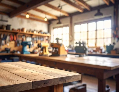 Empty Wooden Workbench in a Rustic Woodworking Workshop
