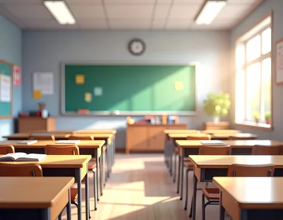 Empty Classroom With Sunlight Streaming Through Windows