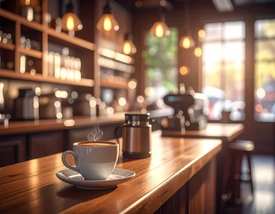 Steaming Cup Of Coffee On A Cafe Counter