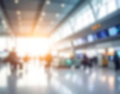 Blurred Passengers Walking Through A Modern Airport Terminal