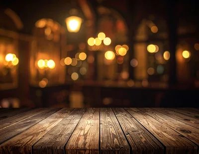 Empty Rustic Wooden Table In Dimly Lit Bar