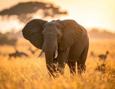 African Elephant Walking Through Golden Savanna Grass