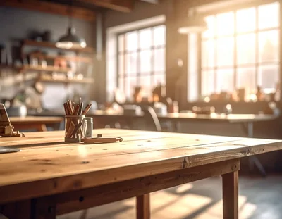 Wooden Workbench in a Sunlit Artist Studio