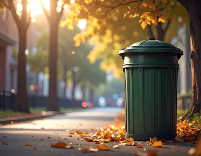 Green Trash Can On A Sunny Autumn Street