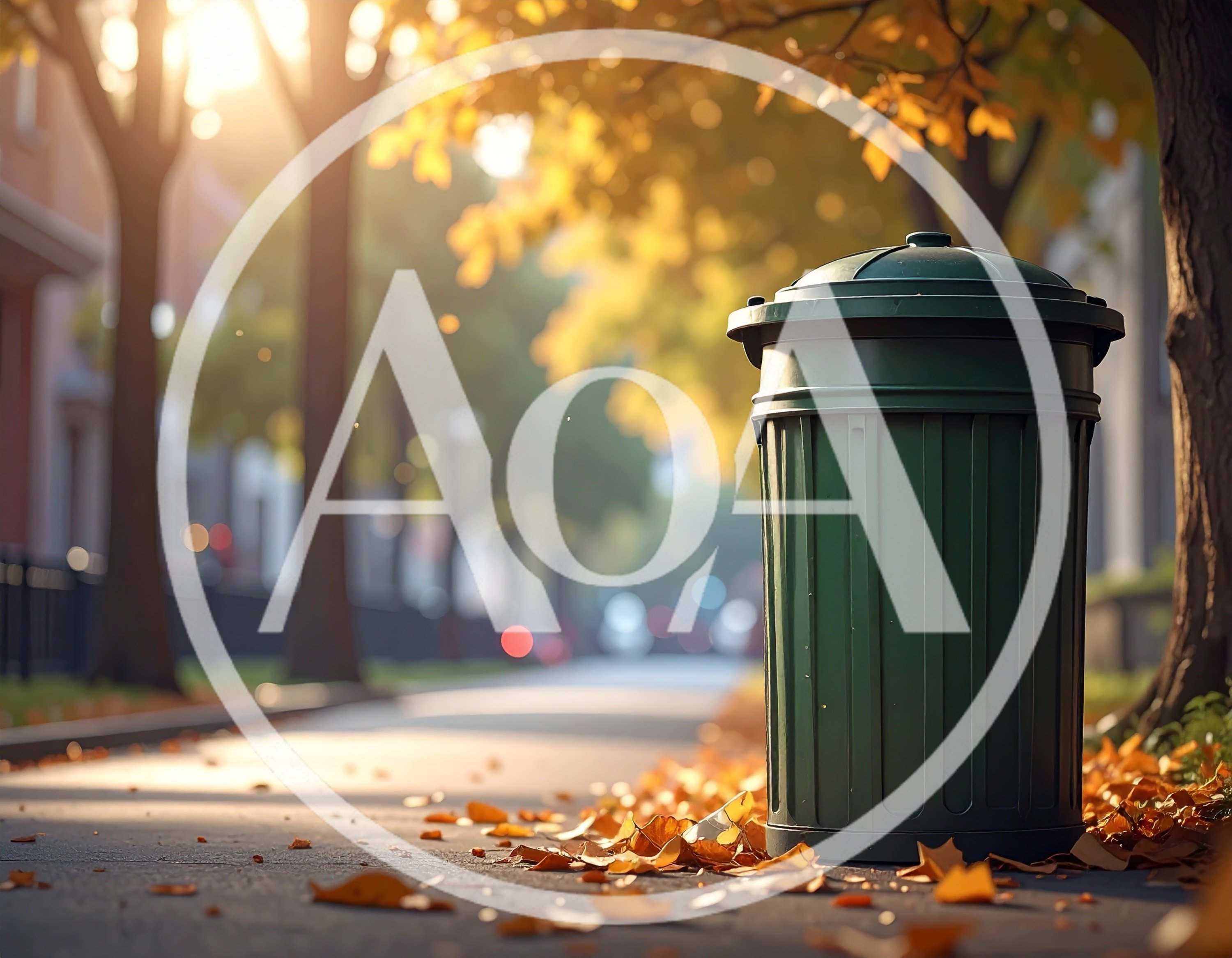 Green Trash Can On A Sunny Autumn Street