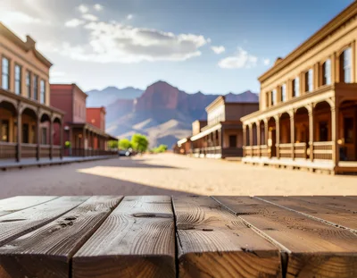 Wooden Table Surface Overlooking A Desert Western Town