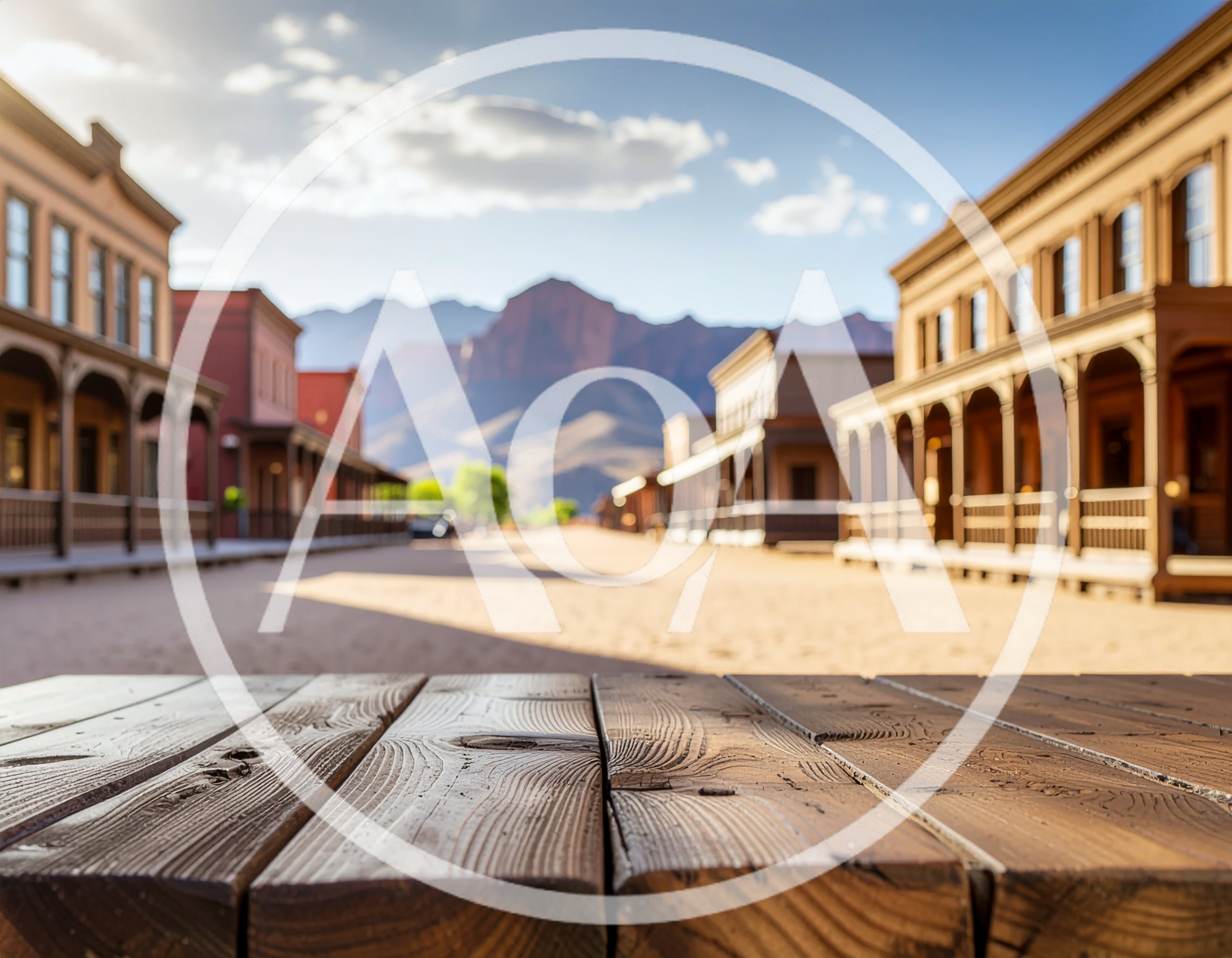 Wooden Table Surface Overlooking A Desert Western Town
