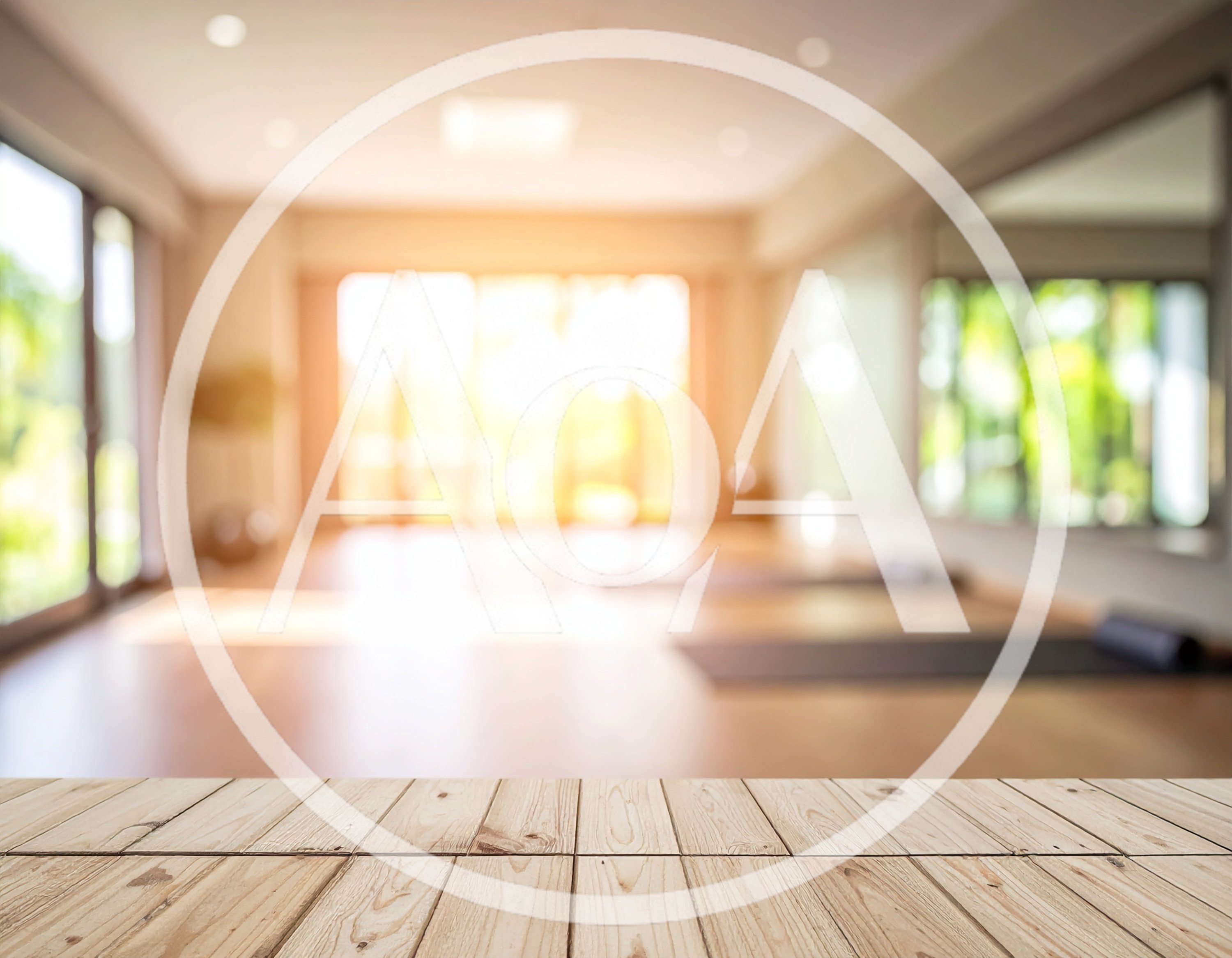 Wooden Table Surface Overlooking A Bright Yoga Studio