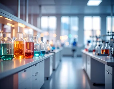 Laboratory Glassware With Colored Liquids On Workbench