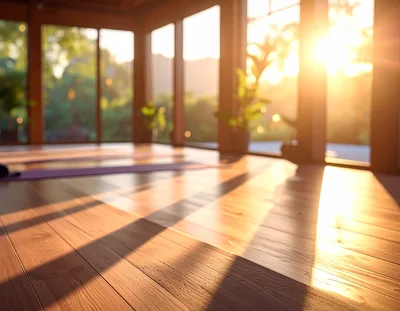 Empty Yoga Studio With Sunlight Streaming Through Windows