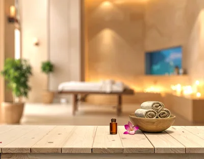 Spa Treatment Table With Towels And Essential Oil