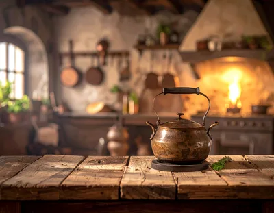 Copper Kettle On A Rustic Wooden Kitchen Table