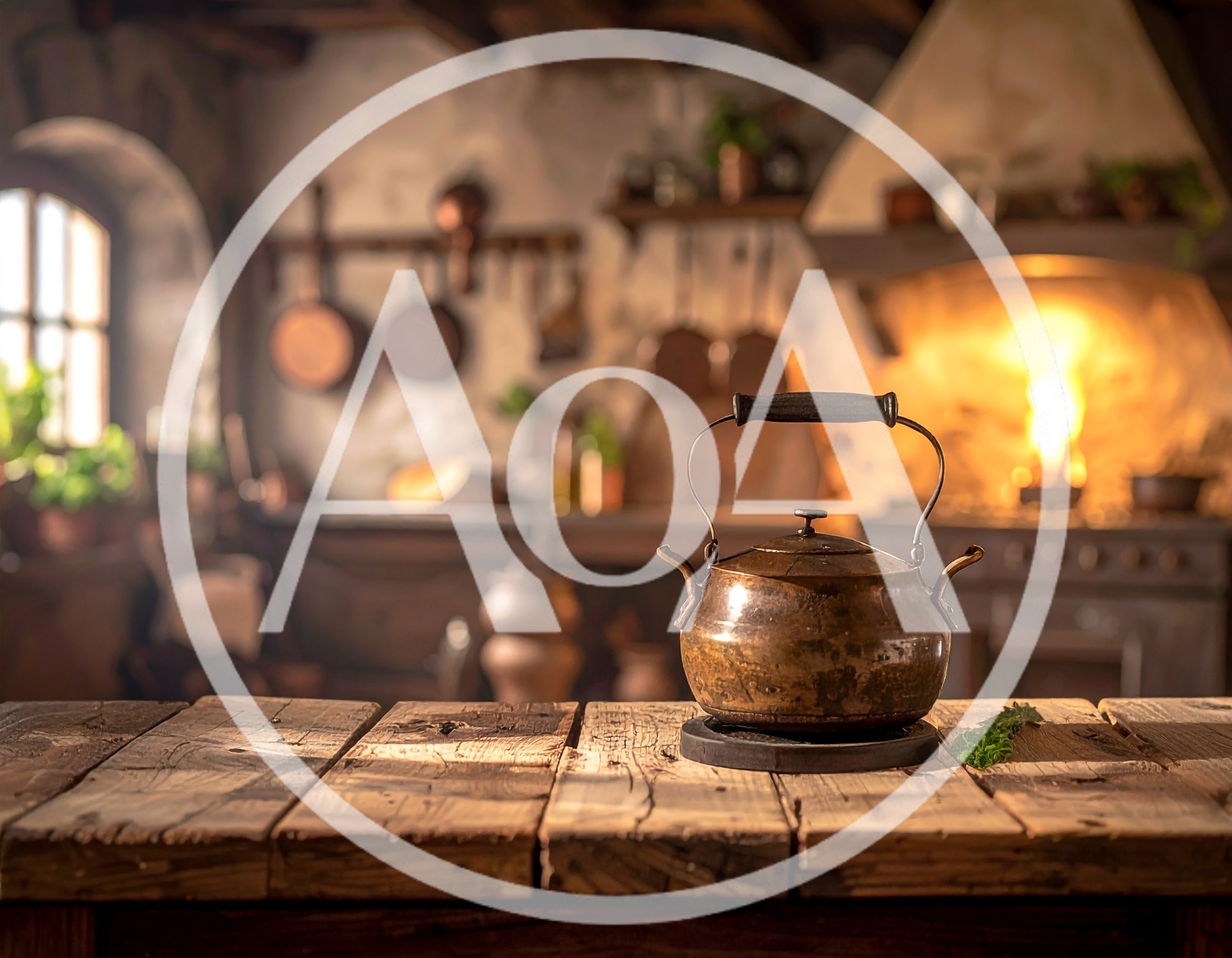 Copper Kettle On A Rustic Wooden Kitchen Table