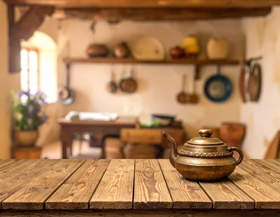 Antique Bronze Teapot On Rustic Wooden Table