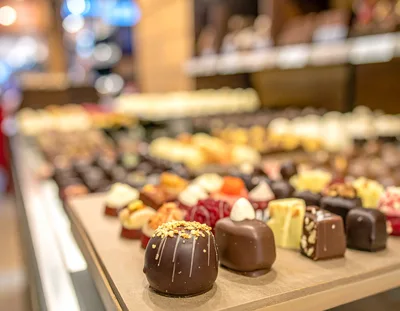 Assorted Gourmet Chocolates Displayed In A Confectionery Shop