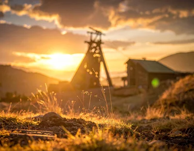 Historic Mining Headframe At Sunset In Colorado
