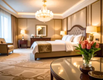 Luxury Hotel Bedroom Interior With Flowers