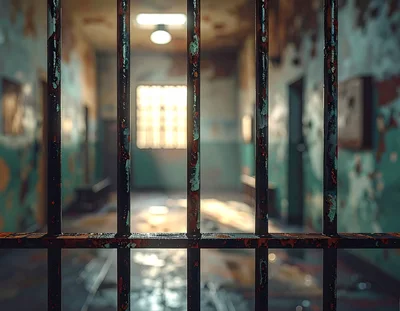 Rusty Metal Prison Bars In Abandoned Hallway