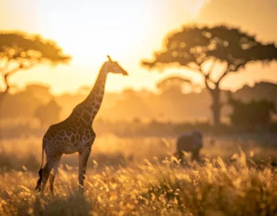 Giraffe Standing in African Savanna at Golden Hour