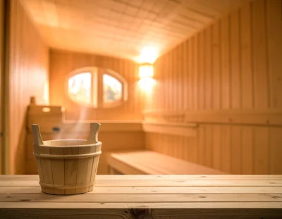 Wooden Sauna Bucket With Steam On Bench