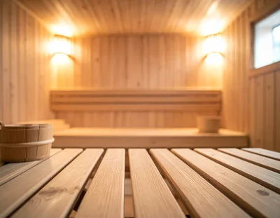 Wooden Sauna Interior With Bucket And Bench