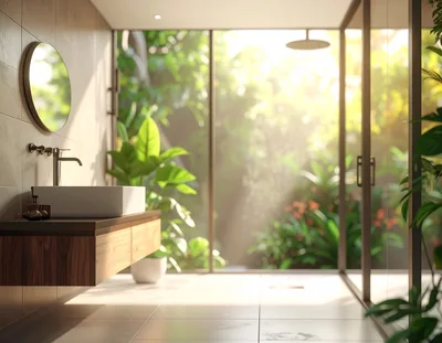 Modern Bathroom Interior With Tropical Garden View